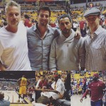 Marauders cast Christopher Rob Bowen, Tyler Olsen and Danny Abeckaser sitting court side at a Cavalier basketball game with Lebron James.